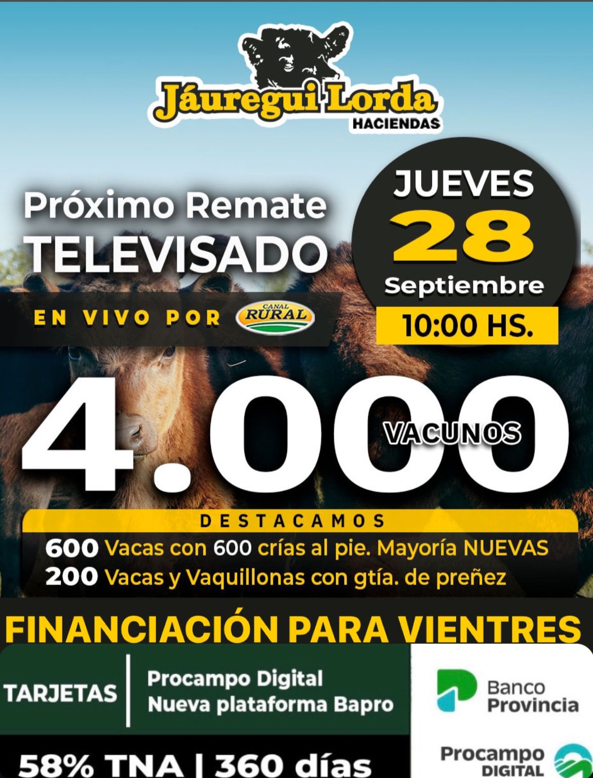 Afiche Remate Invernada y Cría, Canal Rural, Jueves 28 de Septiembre 