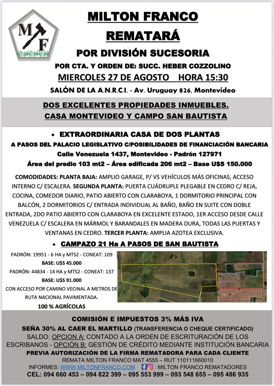 Remate Milton Franco rematará por división de sucesoria