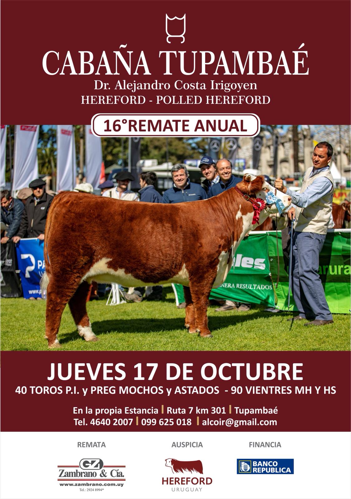 Afiche 16º Remate Cabaña Tupambaé de Dr. Alejandro Costa